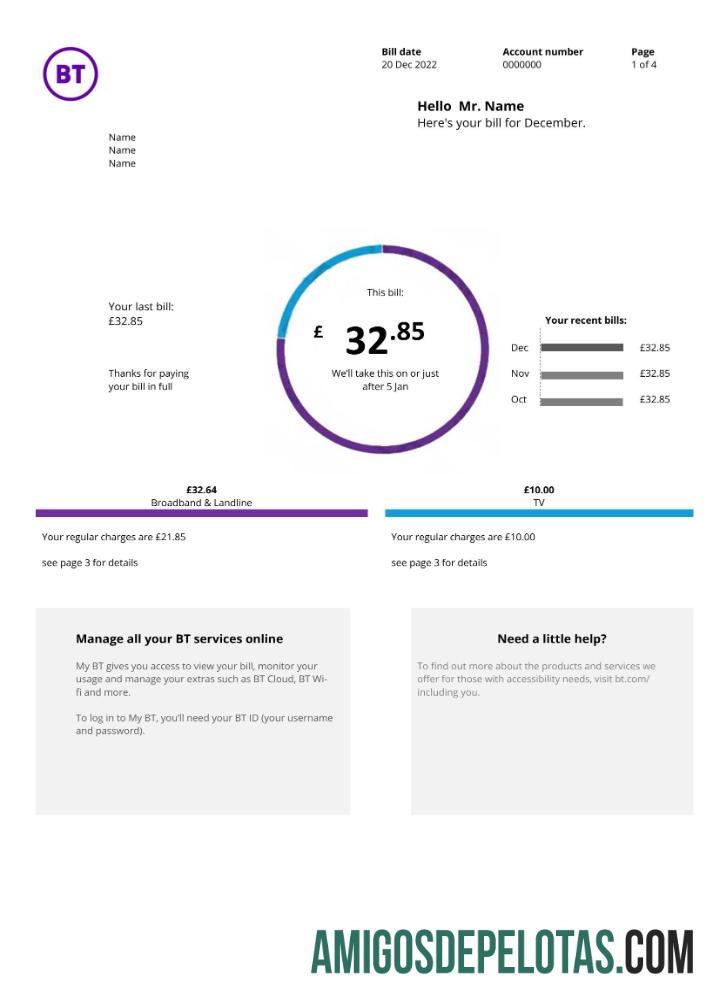Versão 2 (2) da fatura de serviços públicos BT do Reino Unido exemplo